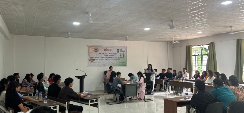 Participants engage in the Youth Parliament and Debate Competition organised by Nagaland University under the Viksit Bharat Yuva Connect Programme at the Department of Political Science, Zunheboto on August 1.